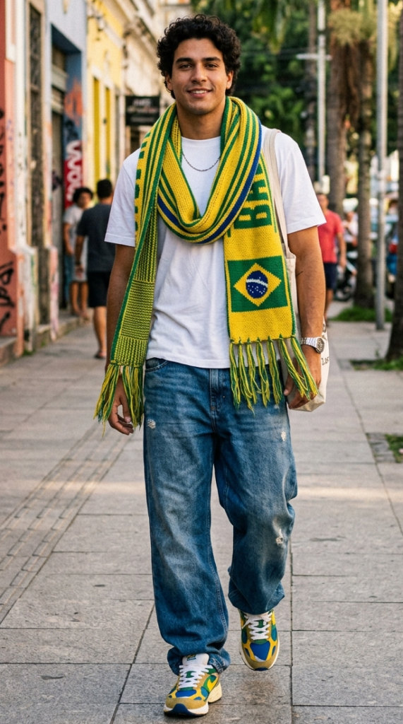 homem usando xale do brasil no pescoço