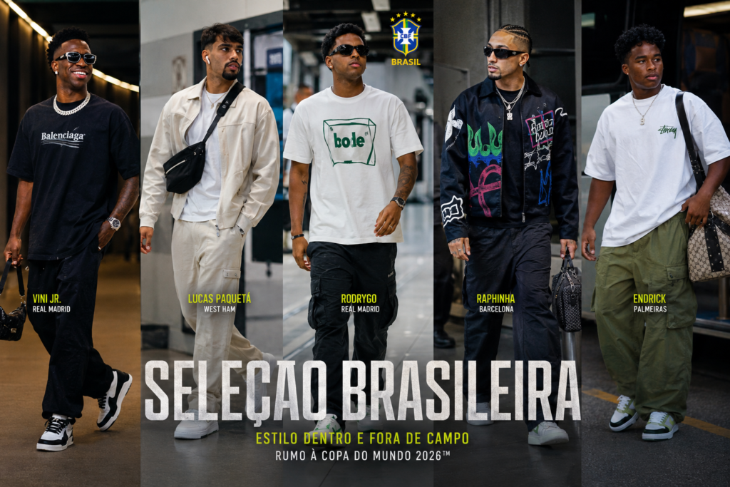 Jogadores da Seleção Brasileira usando roupas casuais e streetwear fora dos gramados durante a preparação para Copa 2026”