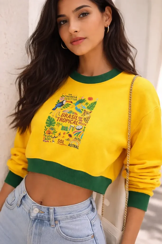cropped manga longa brasil amarela
